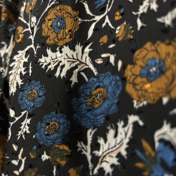 Joie Swiss Dot Dark Floral Print Ruffled Split Tie Neck Blouse Lined Size Small - Picture 7 of 12